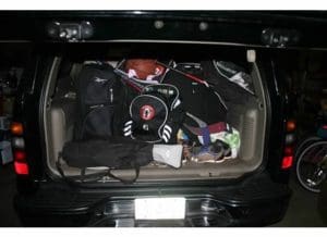 A typical Suburban Saturday........ Loaded with hockey, soccer, basketball and baseball gear back of suburban2